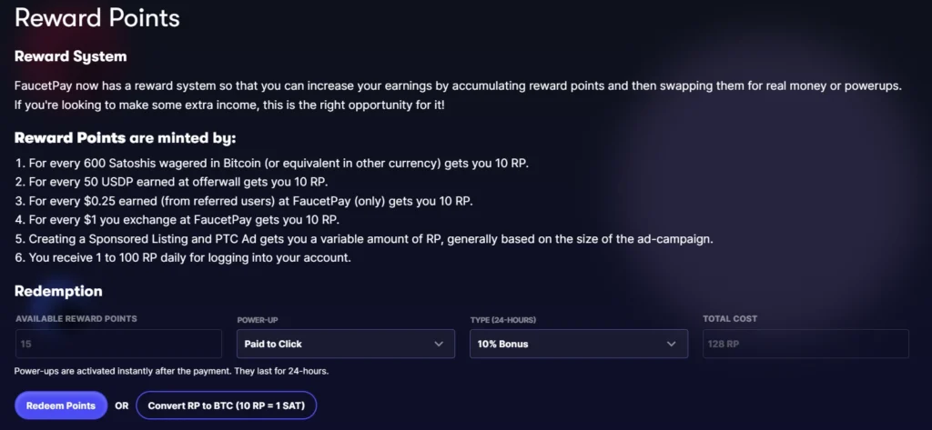 List Reward Points FaucetPay balance dashboard